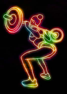 Neon Woman Squatting with Barbell