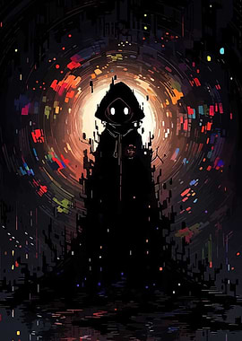 Hooded Figure in Digital Vortex