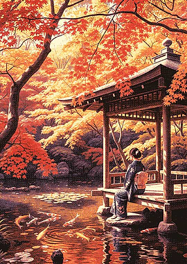Japanese Garden with Woman and Koi