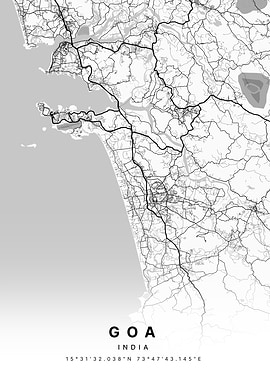 Goa India Black and White Map