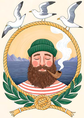 Bearded Sailor with Pipe and Seagulls