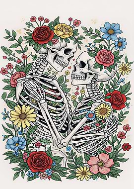 Skeletal Love in Floral Embrace