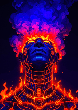 Fiery Blue Figure Looking Upward