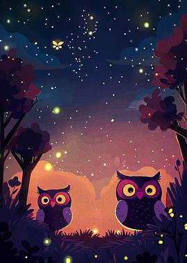 Two Owls in a Starry Night