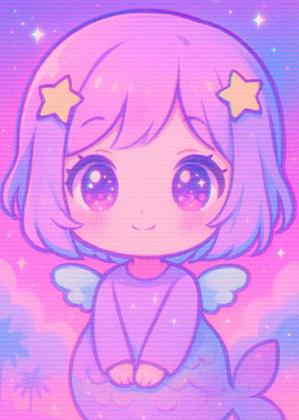 Cute Anime Mermaid with Star Hairpins