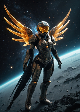 Golden-Winged Space Guardian — Futuristic Armored Astronaut Digital Art