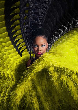 Rihanna in Yellow Fur and Braids