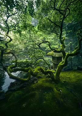 Japanese Garden with Mossy Tree