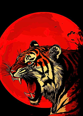 Tiger Roar Red Moon Illustration