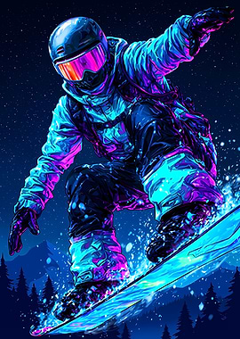 Neon Snowboarder in Action