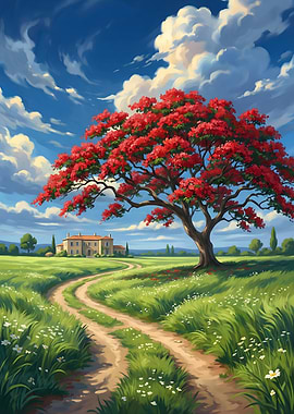Red Tree in a Green Field