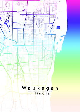 Waukegan Illinois City Map rainbow white