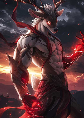 Muscular Deer Anthro with Red Magic