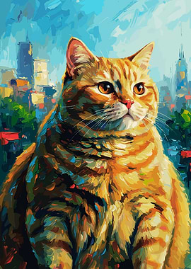 Orange Cat in Cityscape Painting