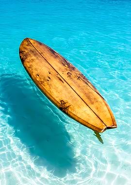 Surfboard floating in turquoise water