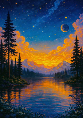 Lake and Mountain Nightscape Painting