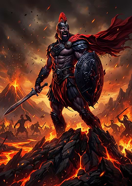 Fierce Spartan Warrior in Volcanic Landscape