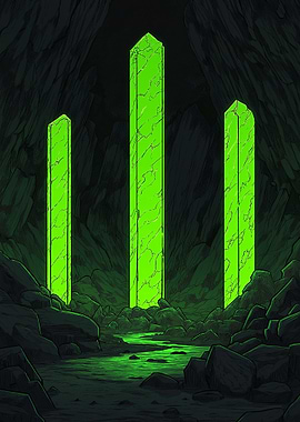 Glowing Green Crystals in Dark Cave
