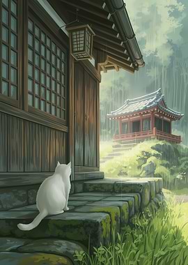 White Cat at Japanese Temple in Rain