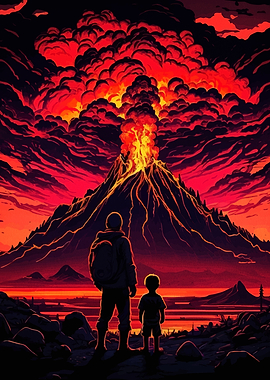 Volcano Eruption with Father and Son
