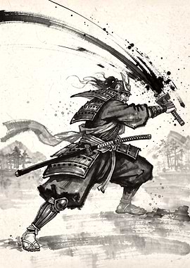 Samurai Warrior Ink Wash Painting