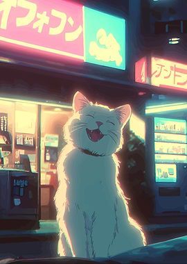 Happy Cat in Neon Cityscape