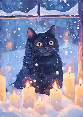 Black Cat in Winter Window Painting