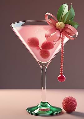 Pink Cocktail with Lychee and Ribbon