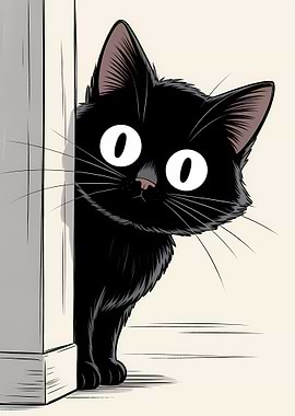 Cartoon Black Cat Peeking Around Door