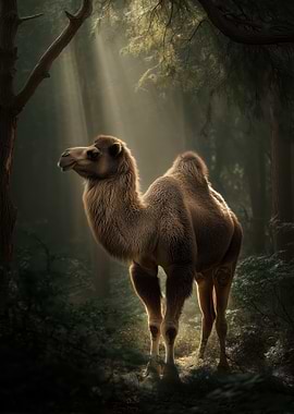 Camel in Forest Sunlight