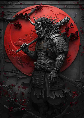 Oni Samurai with Red Moon
