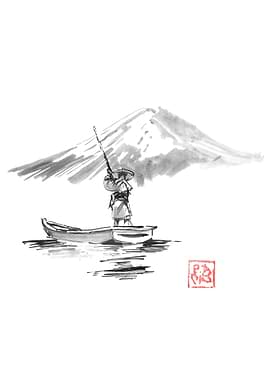 Japanese Fisherman with Mount Fuji