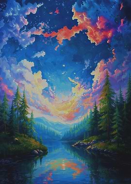 Serene Lake and Forest Painting