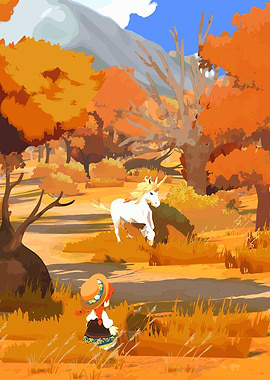 Autumn Forest with Unicorn and Girl