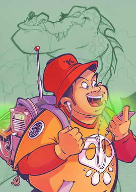 Cartoon Boy with Backpack and Dragon