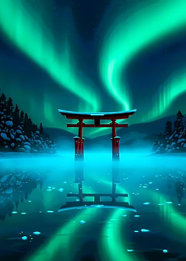 Torii Gate Under Aurora Borealis