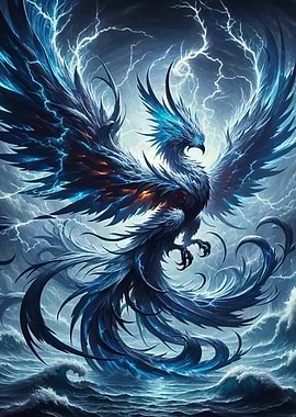 Electric Blue Phoenix Rising from Storm