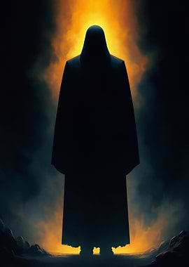 Cloaked Figure in Fiery Landscape