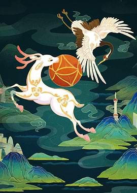 Deer, Crane, and Landscape Illustration
