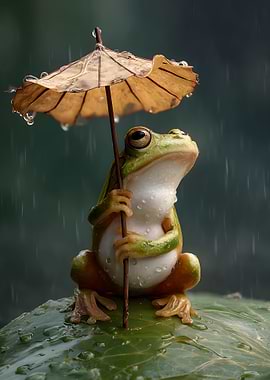 Frog with Leaf Umbrella in Rain