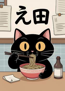 Black Cat Eating Ramen Illustration
