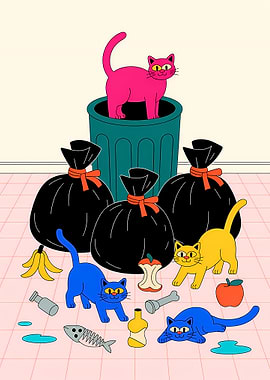 Colorful Cats and Trash Illustration