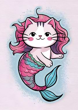 Cute Cat Mermaid Cartoon Illustration