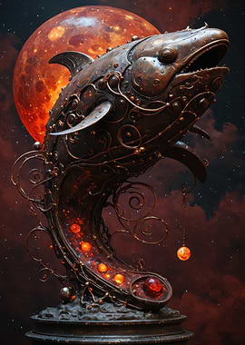 Steampunk Cosmic Whale Sculpture — Ornate Metallic Whale with Glowing Red Moon