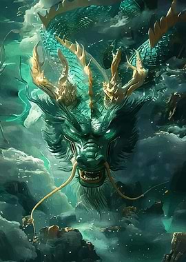 Emerald Dragon in the Clouds