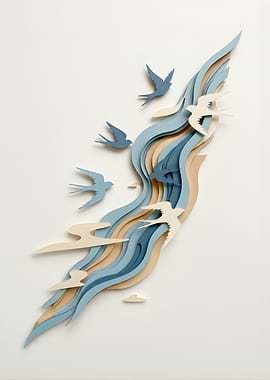 Paper Cut Birds and Waves Art
