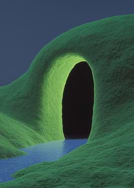 Green Hillside with Cave and River