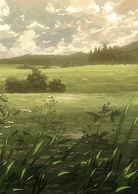 Anime Style Grassy Field Landscape