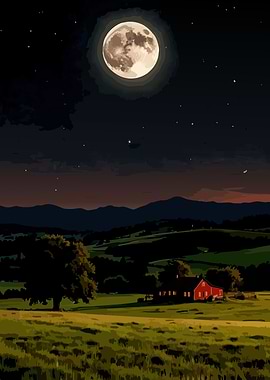 Rural Landscape Under Moonlight