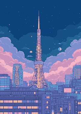 Tokyo Tower at Night Pixel Art